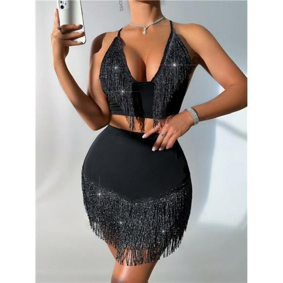 SXY Fringed Sleeveless Tassel Top And Bodycon Skirt Two-Piece Set - Picture 3 of 5